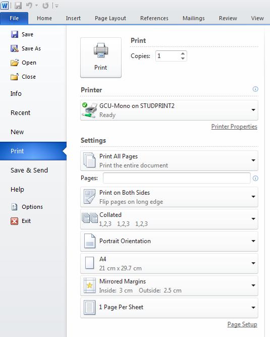 Microsoft Word 2010 Print button Choose printer Choose pages Choose double or single sided Choose paper size Figure 4: Print options To the right of the print options you can see a print preview of