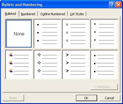 Word Processing (104) Page 42 3.3.2.9 Change the style of bullets, numbers in a single level list from built-in standard options.