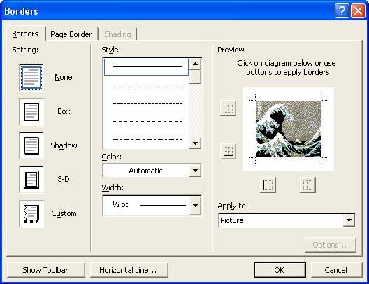 Word Processing (104) Page 44 To add a border to an object using the drop down menus Select the object, i.e. character, word, selected text, paragraph, graphic or table which you want to enclose in a border and then from the Format menu, click on Borders and Shading.