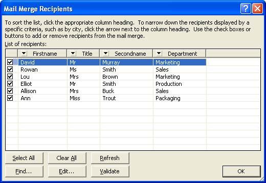Word Processing (104) Page 77 MAIL MERGE STEP 3 OF 6: - USE AN EXISTING LIST Within the Use an existing list section of the task pane, click on the Browse icon which will display a dialog box.