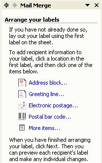 Word Processing (104) Page 78 Click on the More items links to enable you to insert items relating to the particular database you are using as your data source.