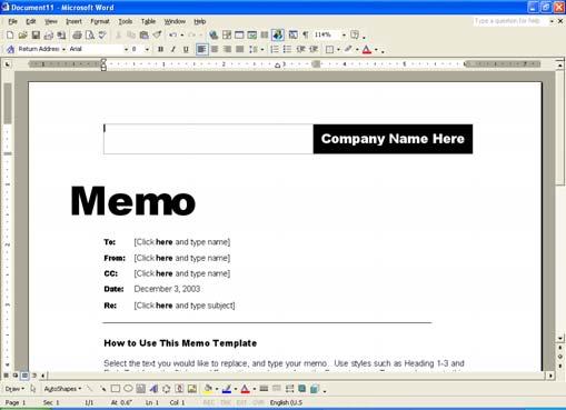 Clicking on the OK button will display the outline of a memo on