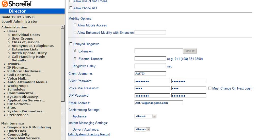 Figure 10 Adding/Editing Users Define the First Name and Last Name as you deem appropriate. ShoreWare Director will auto-assign the next available Number (i.e. extension), but you can modify it to any available extension.