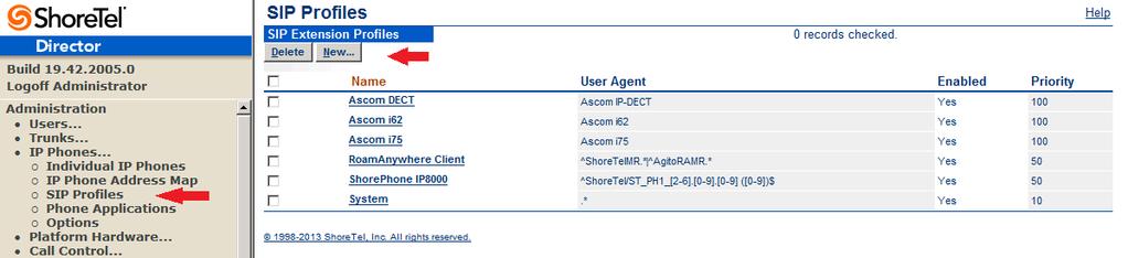SIP Profiles ShoreWare Director s IP Phones section contains a SIP Profiles option. ShoreTel 14.