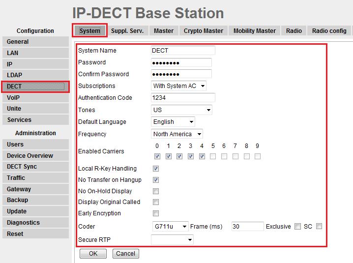 Step Description 9 Navigate to the DECT System frame by clicking DECT and then clicking System. Configure the fields displayed below and then click OK. System Name is the Device Name used in Step 3.