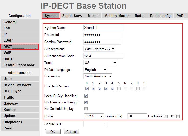 Step Description 5 Navigate to the DECT System frame by clicking DECT and then clicking System. Configure the fields displayed below.