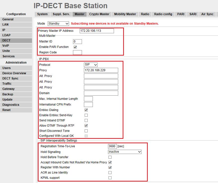 Step 6 Description Navigate back to the DECT Master frame by clicking DECT and then clicking Master. Configure the fields displayed below. Click OK and reset the system.