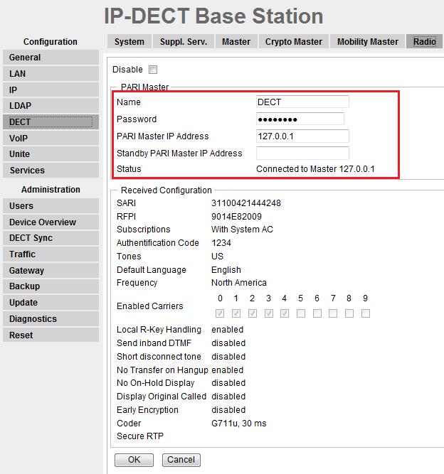 Step 8 Description Navigate to the DECT Radio frame by clicking DECT and then clicking Radio. Configure the fields displayed below. Click OK and reset the system.