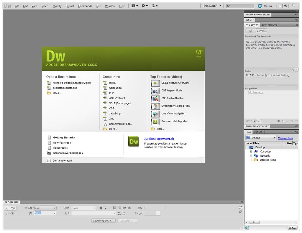 Figure 2 - Dreamweaver Environment Document Toolbar - The Document toolbar allows you to access different views, preview your pages in a browser, title your page, and upload files.
