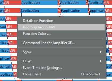 To see the particular MPI functions called in the application, right-click on MPI (marked with a red rectangle) in the Event Timeline and select Ungroup Group MPI.