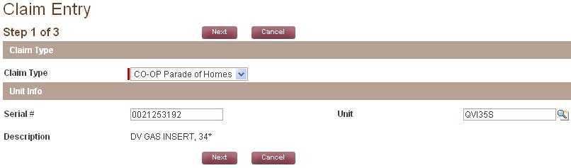 3. Enter the serial number of the unit, or click on the spyglass to lookup the unit and then select "Next". 4.
