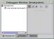 If you have a file open, the debugging workspace also includes the Editor, which highlights breakpoints in magenta. The following figure shows the debugging workspace.