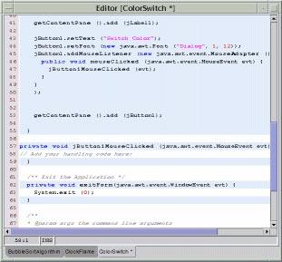 16 Getting Started With Forte for Java Working With Forte for Java FIGURE 17 Editor Showing Listener Code and Event Method Listener code jbutton1.