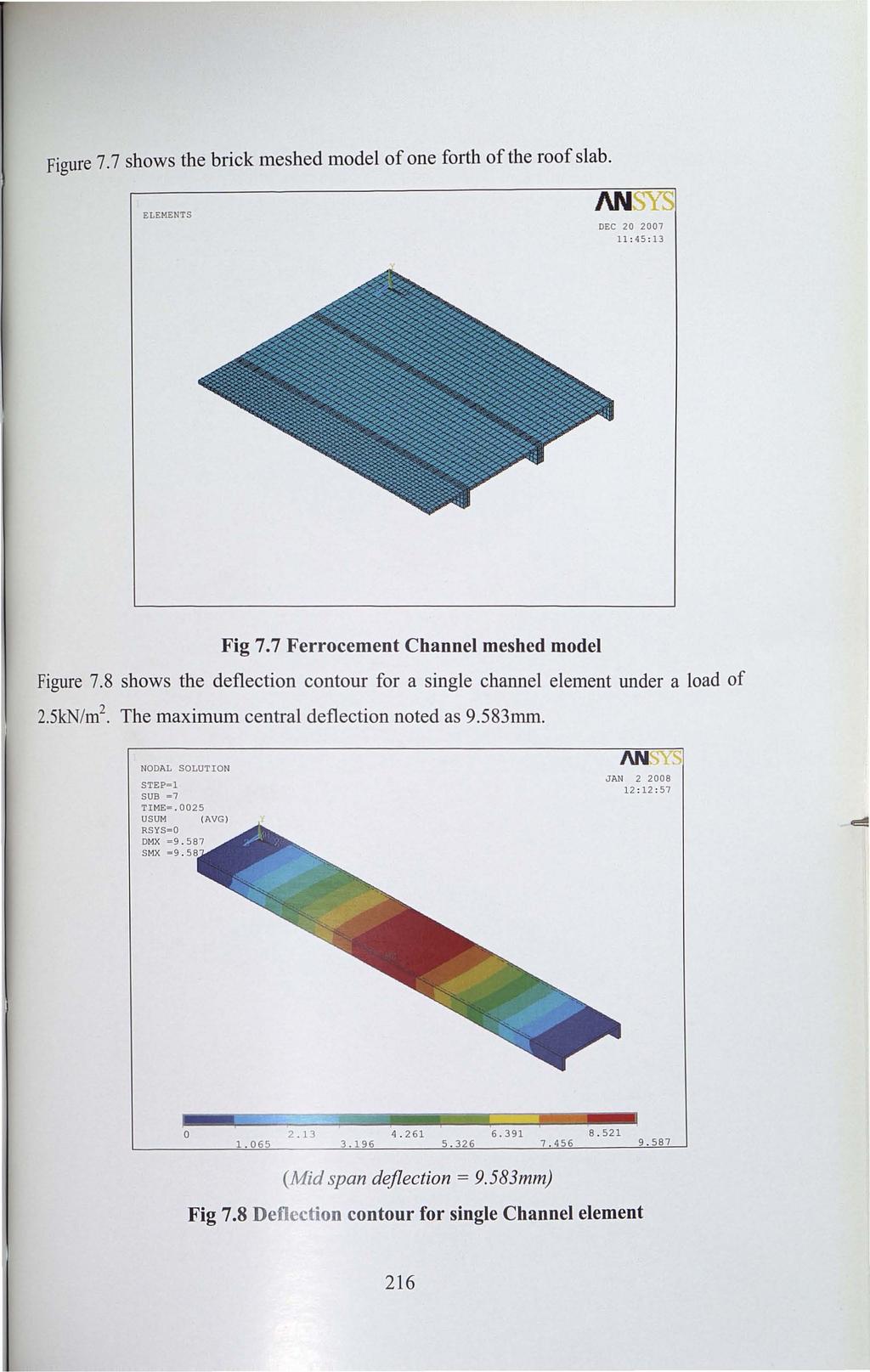 Figure 7.7 shows the brick meshed model ofone forth ofthe roof slab. ELEMENTS J\NSYS DEC 20 2007 1l,45,13 Fig 7.7 Ferrocement Channel meshed model Figure 7.