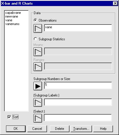 Determining Initial Limits for Control Charts 1. Choose SPECIAL... QUALITY CONTROL... VARIABLES CONTROL CHARTS... X-BAR AND R... from the Menu bar to display the Analysis dialog box. 2.