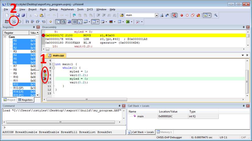 Debugging your program Start a debug session (1) Add break points by clicking on the line of code you wish to stop at.