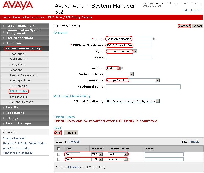 5.3.3. Adding Avaya Aura TM Session Manager SIP Entity Navigate Network Routing Policy SIP Entities on the left and click on the New button on the right. Under General: Name: A descriptive name, i.e. SessionManager.