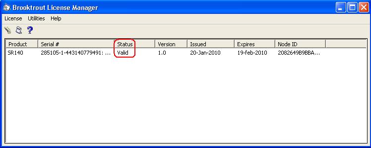 The Brooktrout License Manager window opens showing the status of the current installation. Verify that under the Status column it is reported as Valid.