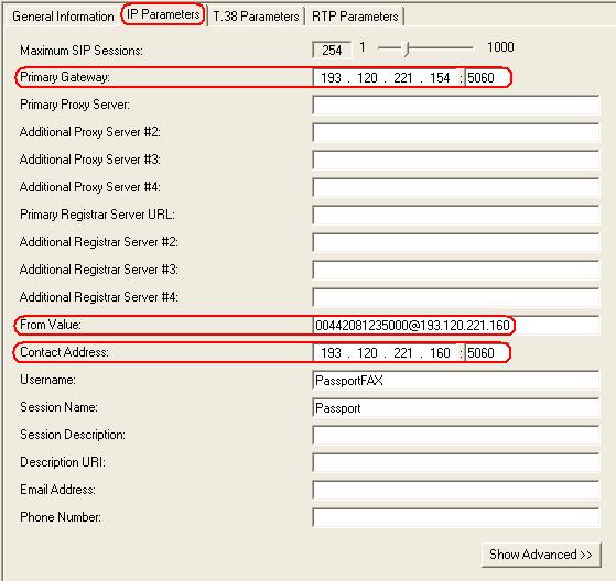 On the right hand pane select the IP Parameters tab and configure the following fields: Primary Gateway: The IP address and the port of the SM100 (193.120.221.