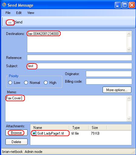 After log on, in the Send Message window fill the following fields: Destinations: the word fax followed by the number of the recipient (i.e. fax 00442081234000). Subject: Memo: a subject title.
