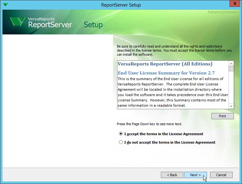 Chapter 4 Installing VersaReports ReportServer on your Host Server 4. Read the License Agreement, click I accept the terms in the License Agreement, and then click Next.