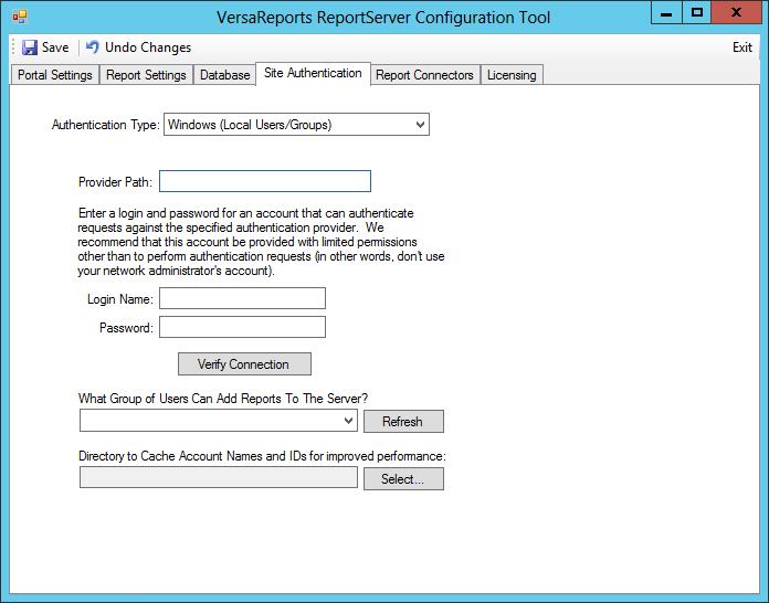 Chapter 5 Post-Installation Steps for VersaReports ReportServer Field and Button Definitions Windows or Active Directory Authentication Field or Button Provider Path Login Name Password Definition