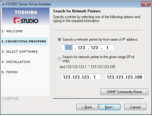 2 INSTALLATION IN WINDOWS 3. Enter the IP address of the equipment under [Specify a network printer by host name of IP address.], then click [Next].