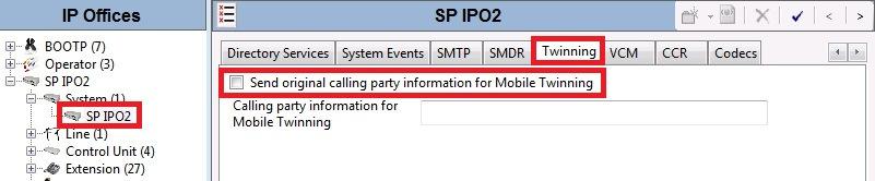 The first parameter is the Send original calling party information for Mobile Twinning box on the System Twinning tab.