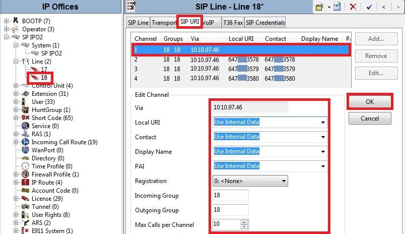 SIP URI entries with Channel 2, Channel 3 and Channel 4 were similarly created for incoming calls appropriately to pre-define DID numbers 647XXX3578, 647XXX3579 and 647XXX3580 for access to Feature