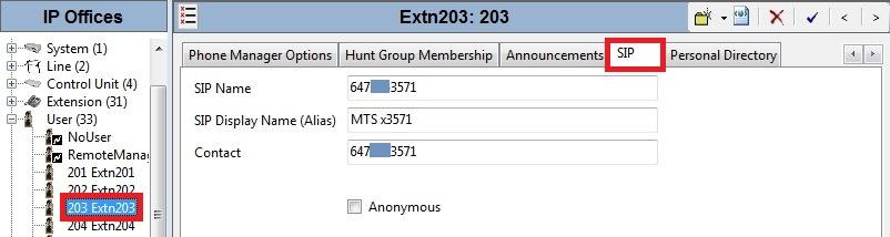 this number as an explicit SIP URI for the SIP Line (see Section 5.5). The SIP Name and Contact fields were set to one of the DID numbers assigned to the enterprise by MTS Allstream, e.g. 647XXX3571.