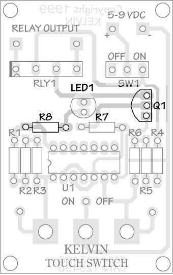 AT LED Testing C E 1.0k? LED1 Jumper RELAY OUTPUT Copyright 1999 5-9 VDC + - RLY1 R7 R1 R6 R4 R2 R3 U1 R5 TOUCH SWITCH 1. Install and solder resistor R 8. 2. Install leg warmers on LED 1. 3.