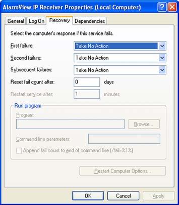 Figure 12: AlarmView IP Receiver Properties Window Log on Tab 4. Click the Recovery Tab.