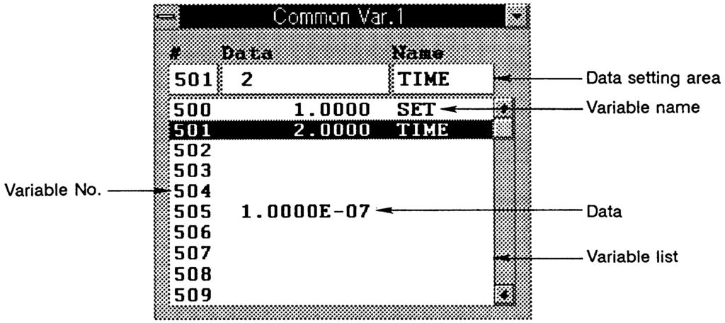 Common variable 1 window (Common Var. 1) The Common Var. 1 window will display when the button or the [Monitor] [Variable] [CommonVar. 1] commands are clicked.