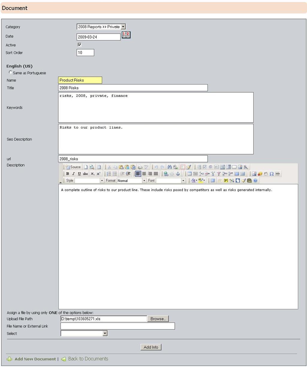 Figure 4-2 Document Detail Page 2) Click Add New Document. The Document Detail Page (Figure 4-2) opens.