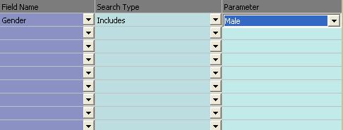 Includes Search for any records that has the value as shown in the Parameter column. For the below example, the search will retrieve all records that has the value male as their gender.
