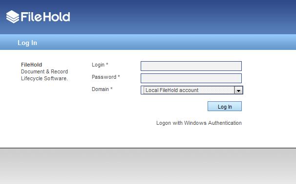 FileHold 14 S ys t em Administr ation Guide 2. Enter your Login, Password, and select the domain (if required) and click Log In. 3. Click the System Admin link at the top of the screen.