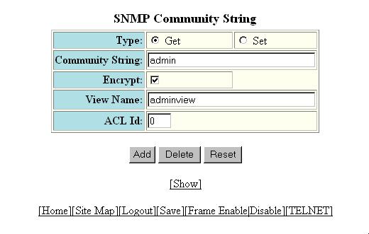 Security Guide 3. Click the Community String link to display the SNMP Community String panel. This panel shows a list of configured community strings. For example, 4.
