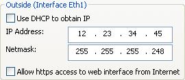 3) Define the Outside (Interface Eth1) IP Address and Netmask. This is the IP Address that will be used on the Internet (WAN) side on the Ingate unit. a. A Static IP Address and Netmask can be entered b.