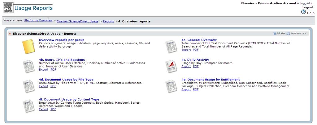 4. Overview reports Reports in this folder contain information on a set of important general indicators of the use of ScienceDirect within your organization, such as the total amount of searches