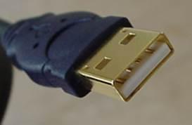A typical USB connector, called an "A" connection Many USB devices come with their own built-in cable, and the cable has an "A" connection on it.