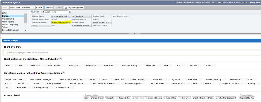 c. Select Buttons and drag DHC Contact Manager to the Custom Buttons