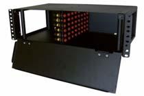 The shelf is 3U in height and can be mounted into a 19" rack or streetside cabinet.