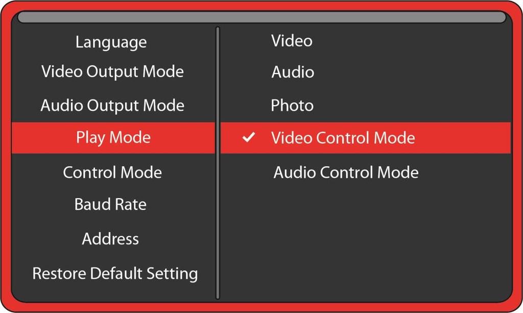 Play Mode Select the play mode needed for your application Selections with no external input control: Select Video to play all video files in a circular loop Select Audio to play all audio files in a