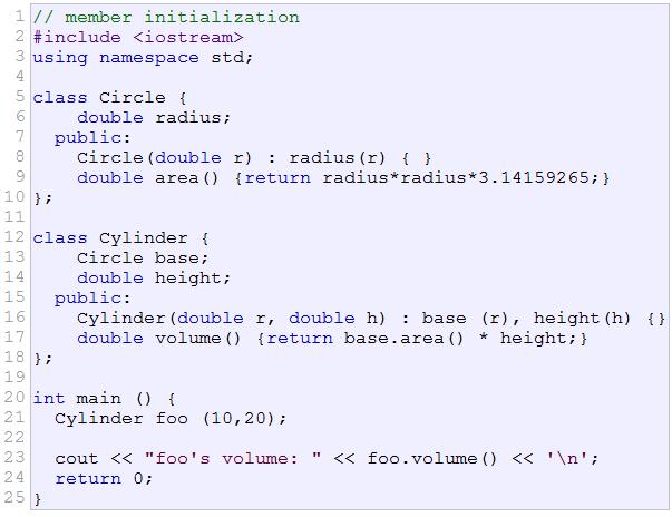 20 Classes example Cylinder class has member of type class Circle