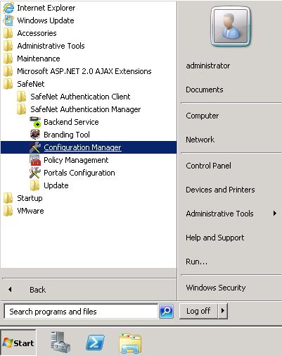 1. From the Windows Start menu, click All Programs > SafeNet > SafeNet Authentication Manager > Configuration Manager. (The screen image above is from Microsoft.
