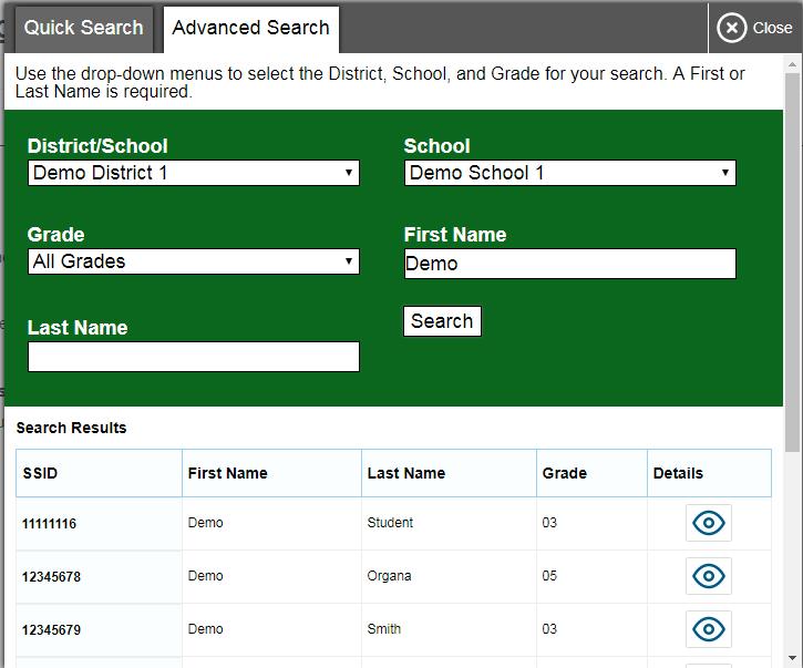 Figure 8. Student Lookup: Advanced Search 3. To view a student s information, click in the Details column.