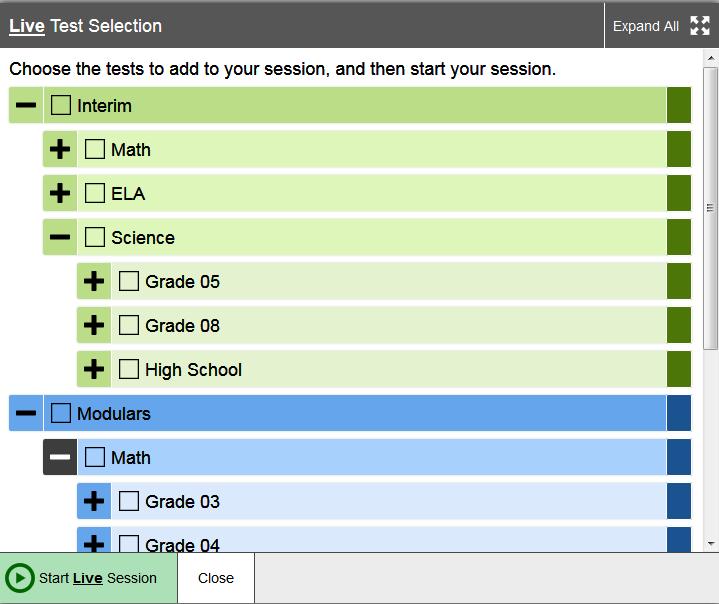 Figure 11. Test Selection Window The Test Selection window color-codes tests and groups them into various categories by tests, grade, and subject. A test group may include one or more sub-groups.