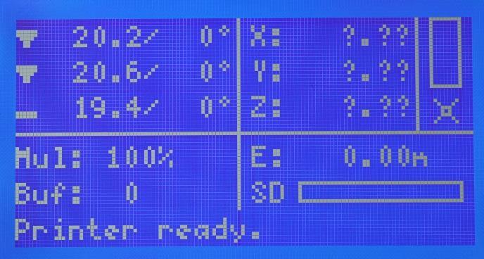 On the screen the most important information is displayed such as temperature and coordinates of the axes. By pressing the button you can select something or enter a submenu.