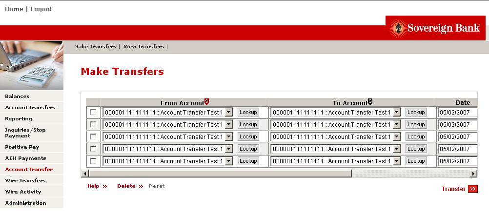 Account Transfers Batch The Account Transfers module is used to transfer funds between your Santander accounts.
