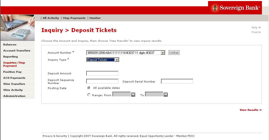 Select Deposit Tickets from Inquiry Type from the drop-down menu. 3.